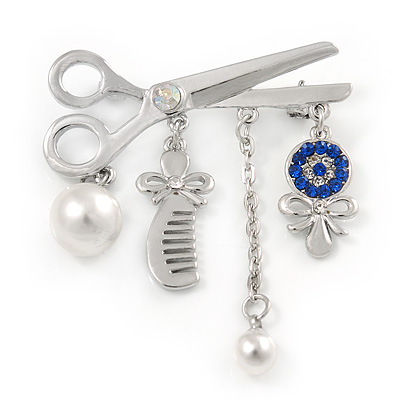 Silver Plated, Crystal, Pearl Hairdresser Charm Brooch - 45mm W - main view