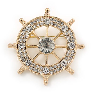Gold Plated Clear Crystal Ship's Steering Wheel Brooch - 35mm D