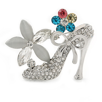 Silver Plated Crystal Shoe with Flowers Brooch - 45mm - main view