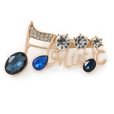Gold Plated Clear/ Blue Crystal 'Music' Brooch - 55mm W - main view