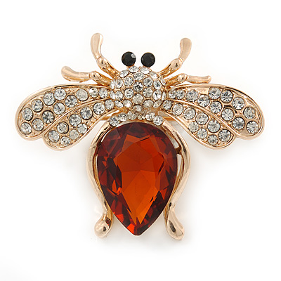 Clear Crystal, Topaz Glass Stone Bee Brooch In Gold Plated Metal - 40mm L - main view