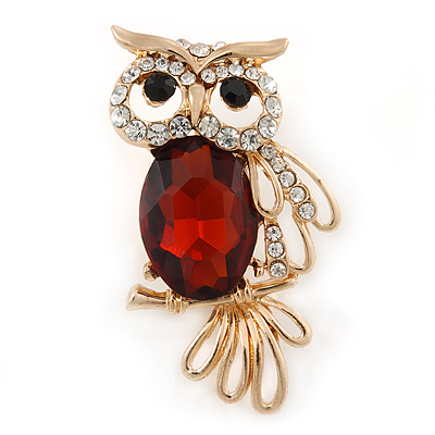 Gold Plated Clear/ Amber Crystal Owl Brooch - 43mm L - main view