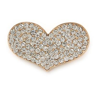 Gold Plated Pave Set Clear Crystal Heart Brooch - 47mm