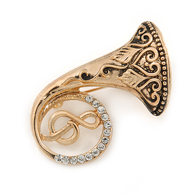 Vintage Inspired French Horn with Treble Clef Motif Musical Instrument Brooch In Antique Gold Tone - 30mm W - main view