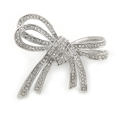 Double Bow Clear Crystal Brooch In Rhodium Plating - 55mm W - main view