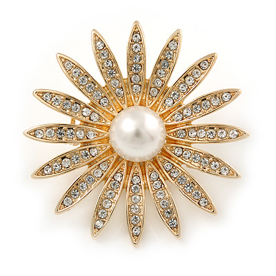 Gold Plated Clear Crystal Glass Pearl Flower Brooch - 40mm D - main view