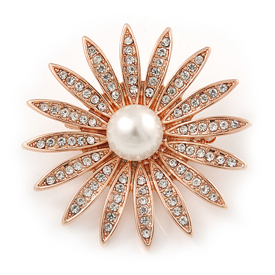Clear Crystal Glass Pearl Flower Brooch In Rose Gold Tone Metal - 40mm D - main view
