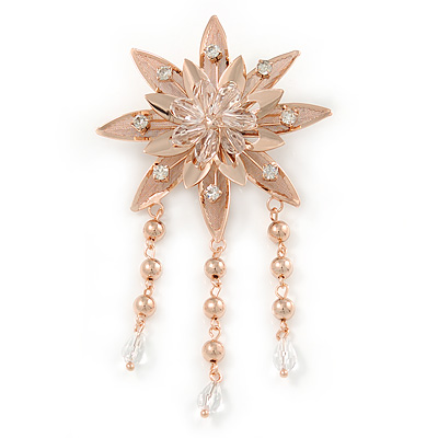 Rose Gold Layered Crystal Flower Brooch with Dangles - 11cm L