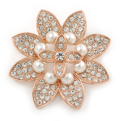Bridal Crystal, Glass Pearl Flower Brooch In Rose Gold Tone - 55mm D - main view