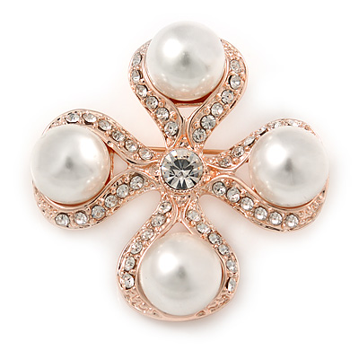 Vintage Inspired White Glass  Pearl Crystal Cross Brooch In Rose Gold Metal - 45mm - main view
