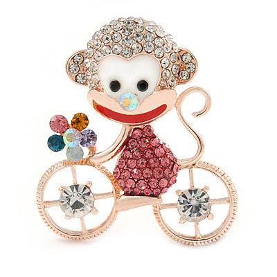Gold Plated Multicoloured Crystal Monkey On The Bicycle Brooch - 40mm L - main view