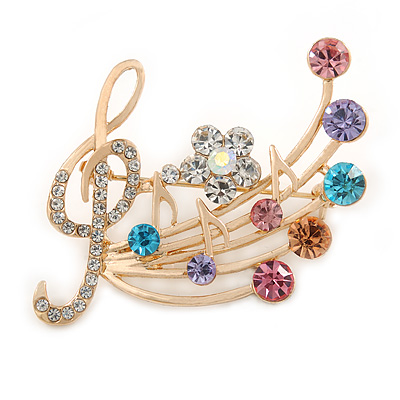 Gold Plated Multicoloured Crystal Musical Notes Brooch - 45mm L - main view