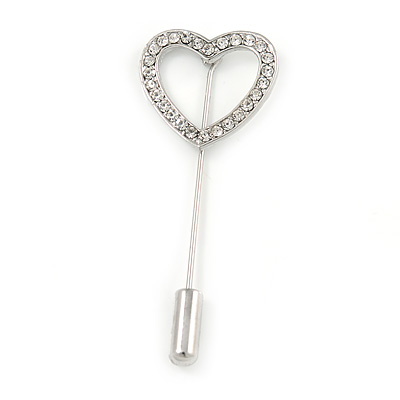 Silver Tone Clear Crystal Open Heart  Lapel, Hat, Suit, Tuxedo, Collar, Scarf, Coat Stick Brooch Pin - 50mm L - main view