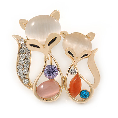 Gold Plated Crystal Two Fox Brooch - 30mm - main view
