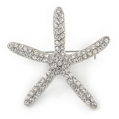 Clear Crystal Starfish Brooch In Silver Tone - 50mm