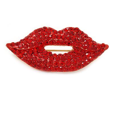 Sparkling Red Crystal Pave Set Lips Brooch In Gold Tone Metal - 40mm