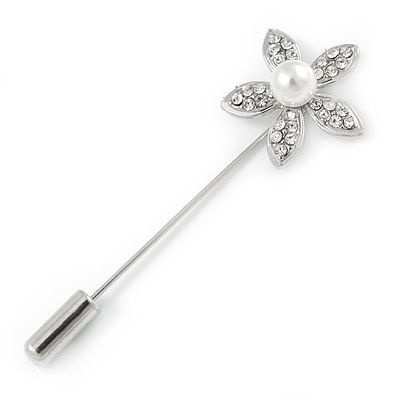 Silver Tone Clear Crystal White Pearl Daisy Flower Lapel, Hat, Suit, Tuxedo, Collar, Scarf, Coat Stick Brooch Pin - 55mm L - main view