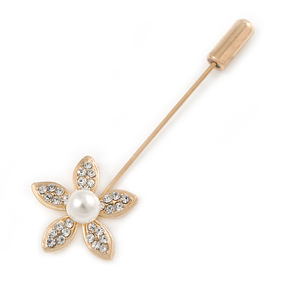 Gold Tone Clear Crystal White Pearl Daisy Flower Lapel, Hat, Suit, Tuxedo, Collar, Scarf, Coat Stick Brooch Pin - 55mm L - main view