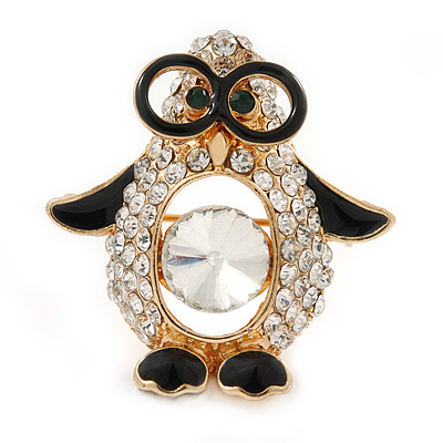 Gold Plated Clear Crystal, Black Enamel Penguin In The Glasses Brooch - 35mm L - main view