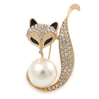 Gold Plated Clear Crystal with Glass Pearl Fox Brooch - 50mm - main view