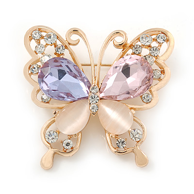 Multicoloured Crystal Butterfly Brooch In Gold Plating - 35mm L - main view