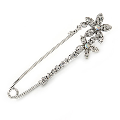 Medium Clear Crystal Double Flower Safety Pin In Silver Tone - 65mm L - main view