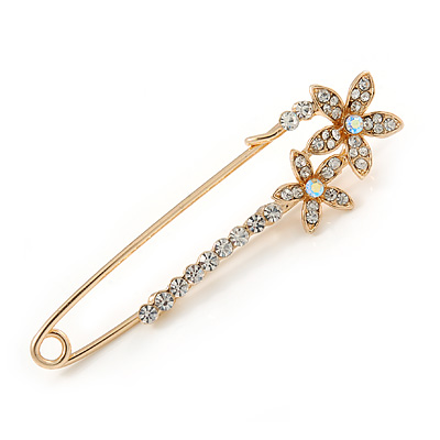Medium Clear Crystal Double Flower Safety Pin In Gold Tone - 65mm L - main view
