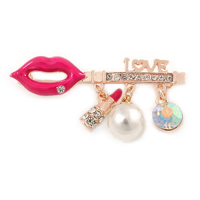 Gold Plated Clear/ AB Crystal Lips LOVE Brooch with Charms - 40mm W - main view
