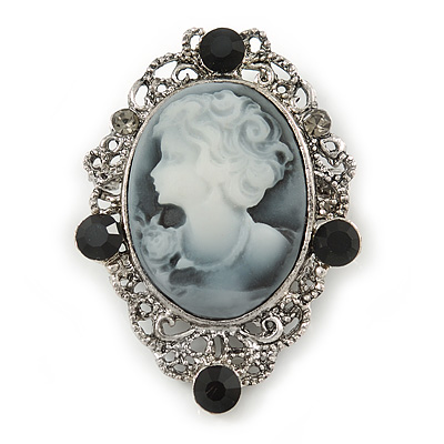 Vintage Inspired Crystal 'Lady' Grey Cameo Brooch/Pendant In Antique Silver Tone - 50mm L