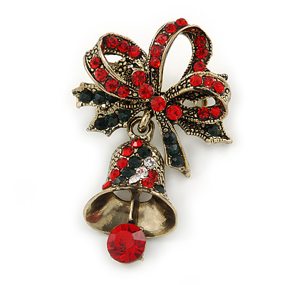 Vintage Inspired Red/Green/White Christmas Crystal Jingle Bell Brooch In Antique Gold Tone - 40mm
