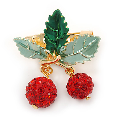 Holly Green Enamel Leaves and Dangling Red Crystal Berries Christmas Brooch In Gold Tone - 40mm L - main view