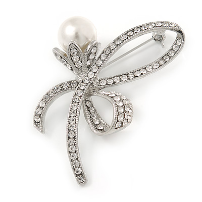 Clear Crystal, White Pearl Ribbon Brooch In Silver Tone - 65mm - main view