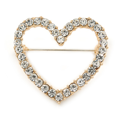 Gold Plated Clear Crystal Open Heart Brooch - 40mm - main view