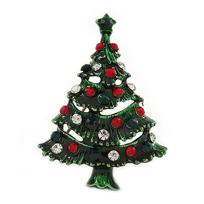 Multicoloured Crystal Green Enamel Christmas Tree Brooch In Gold Plating - 45mm L