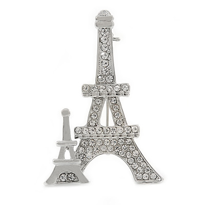 Silver Plated Clear Crystal Eiffel Tower Brooch - 50mm L
