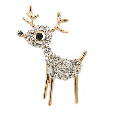 Clear Crystal Christmas Reindeer Brooch In Gold Plating - 40mm - main view