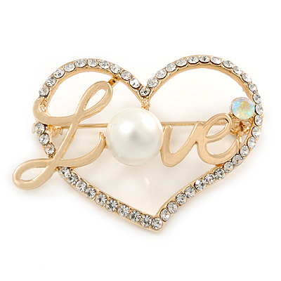 Gold Plated Clear Crystal, Pearl, Love Open Heart Brooch - 40mm - main view