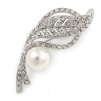 Clear Crystal, White Glass Pearl Leaf Brooch In Silver Tone - 55mm L - main view