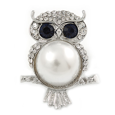 Clear/ Dark Blue Crystal, White Glass Pearl Sitting Owl Brooch/ Pendant In Silver Tone - 45mm L - main view