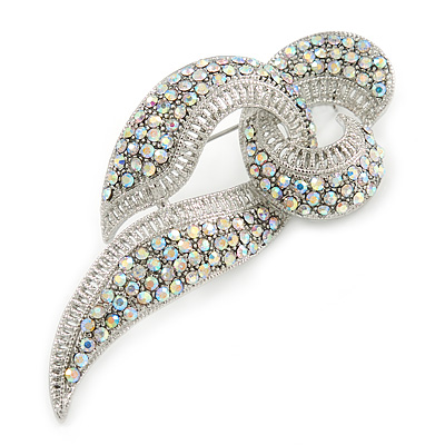 Statement AB Crystal Ribbon Brooch In Silver Tone Metal - 70mm - main view
