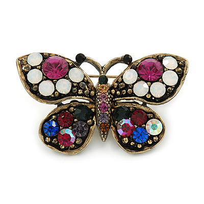 Vintage Inspired Multicoloured Crystal Butterfly Brooch In Antique Gold Metal - 45mm - main view