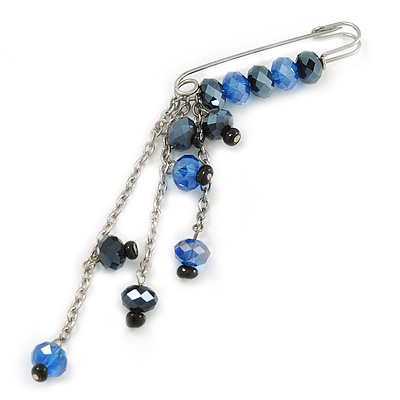 Blue Faceted Bead Charm Safety Pin Brooch In Silver Tone - 8cm Drop - main view