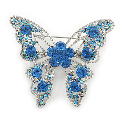 Dazzling Sky Blue Austrian Crystal Butterfly Brooch In Rhodium Plating - 60mm W - main view
