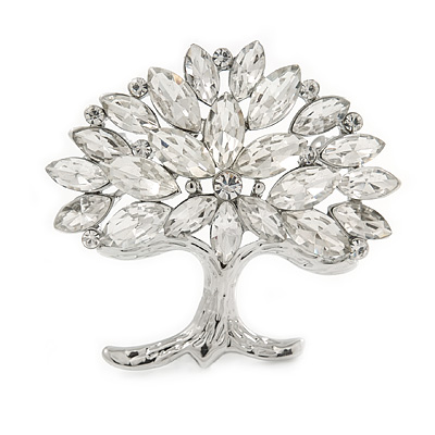 Clear Crystal Tree Of Life Brooch In Rhodium Plating - 45mm - main view
