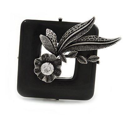 Vintage Inspired Black Ceramic Frame with Flowers Pewter Tone Brooch - 50mm - main view