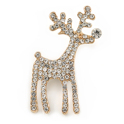 Clear Crystal Christmas Reindeer Brooch In Gold Plating - 45mm - main view