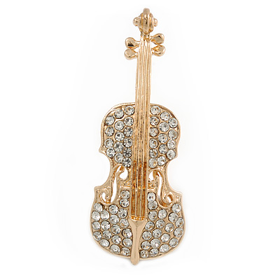 Gold Tone Clear Crystal Violin Musical Instrument Brooch - 50mm - main view