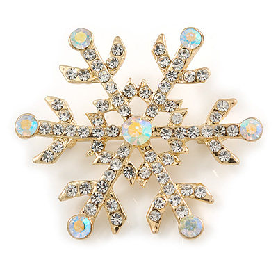 Clear/ AB Crystal Christmas Snowflake Brooch In Gold Tone Metal - 45mm D - main view