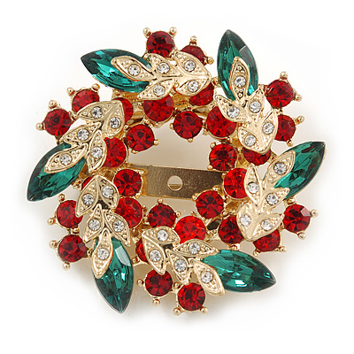Red/Green/White Crystal Christmas Holly Wreath Scarf Pin Brooch In Gold Tone - 50mm - main view