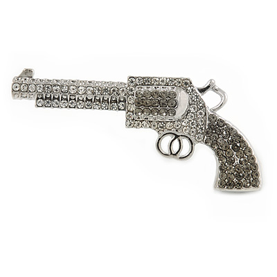 Clear, Dim Grey Crystal Revolver Brooch In Silver Tone Metal - 50mm